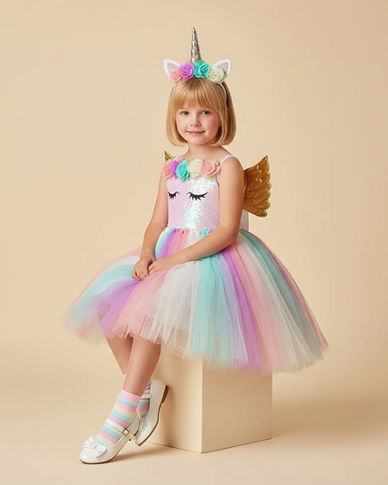 pastel unicorn sequin dress set - sitting