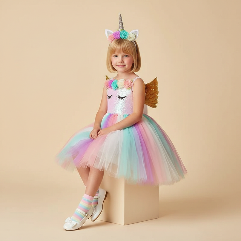 pastel unicorn sequin dress set - sitting