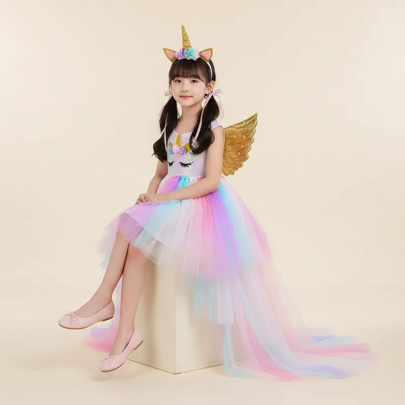 pastel unicorn trailing dress - sitting