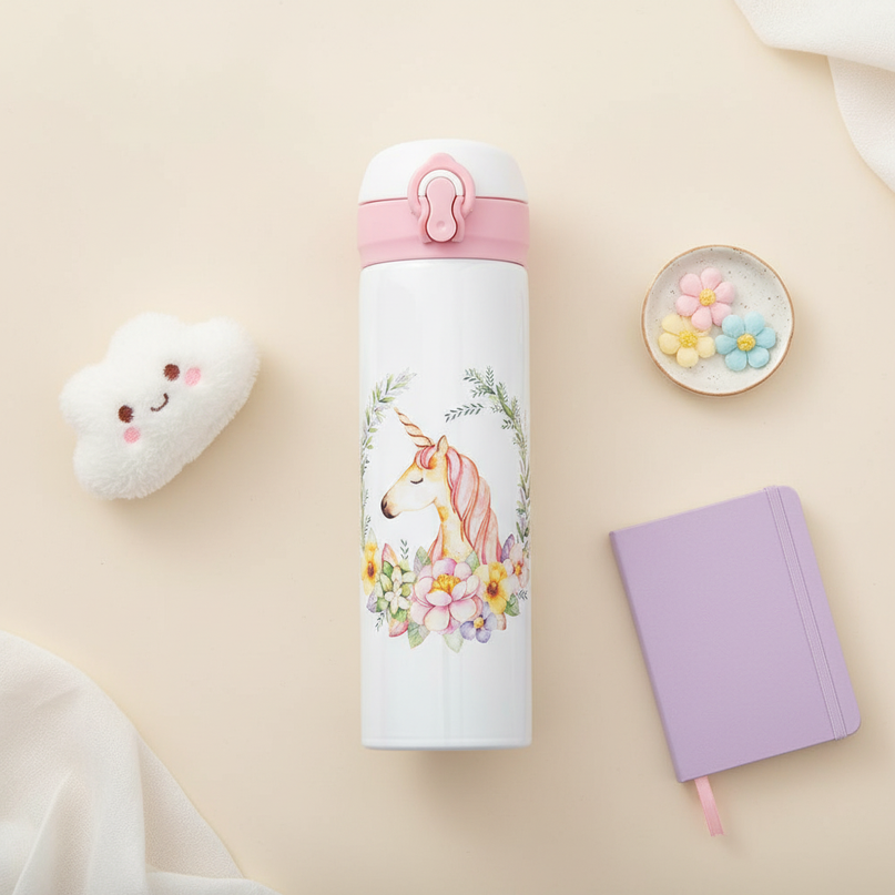 pastel unicorn water bottle - flat-lay