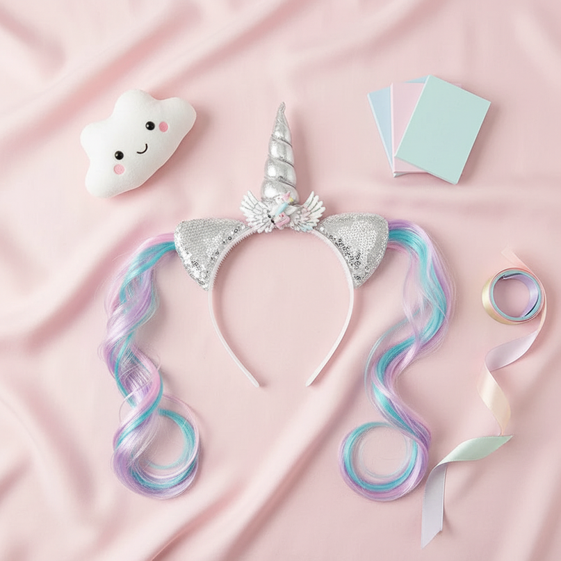 pastel unicorn wig headband - flat-lay