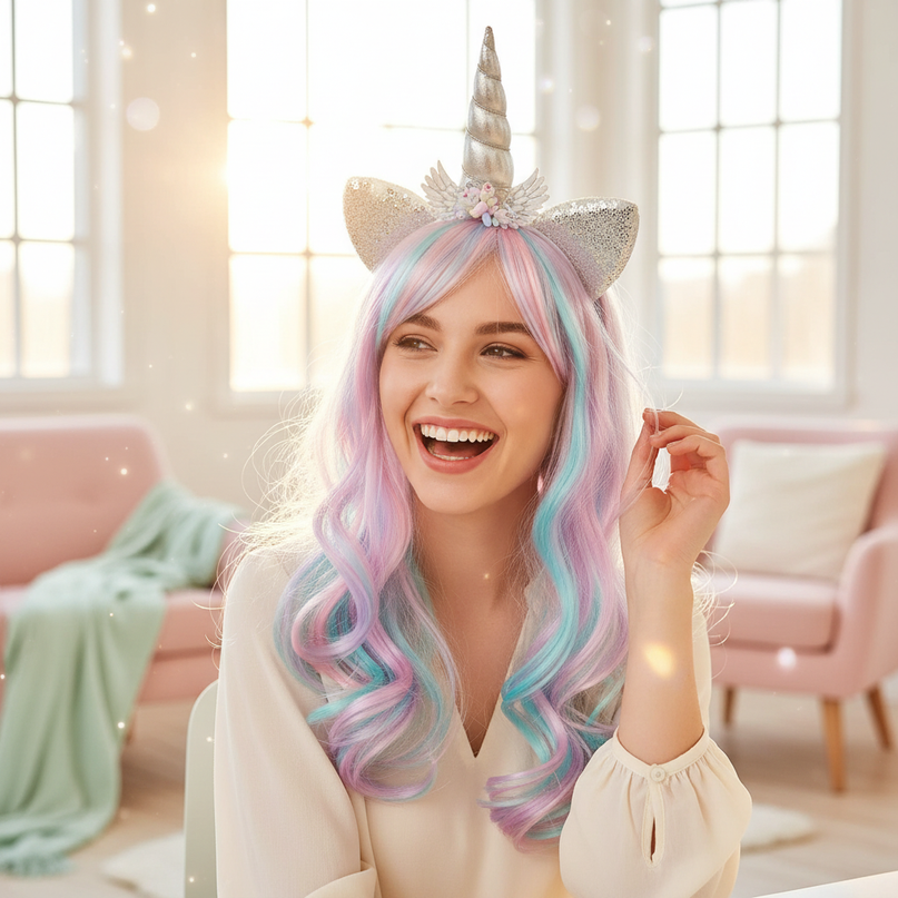 pastel unicorn wig headband - in-use