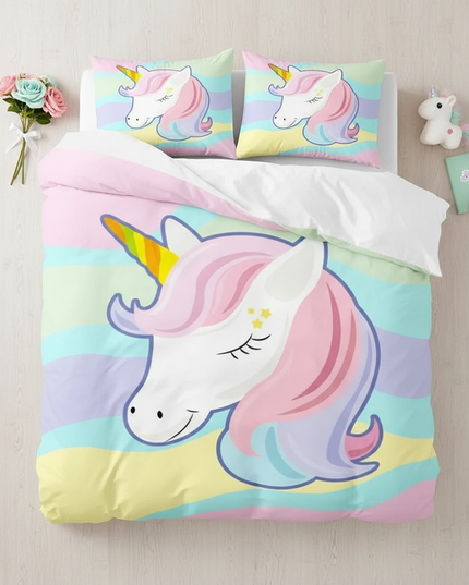 pastel wave kawaii unicorn bedding - flat-lay