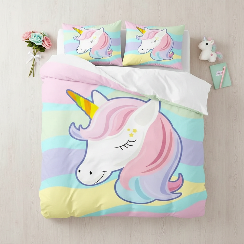 pastel wave kawaii unicorn bedding - flat-lay
