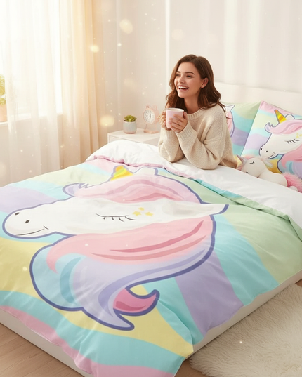 pastel wave kawaii unicorn bedding - in-use