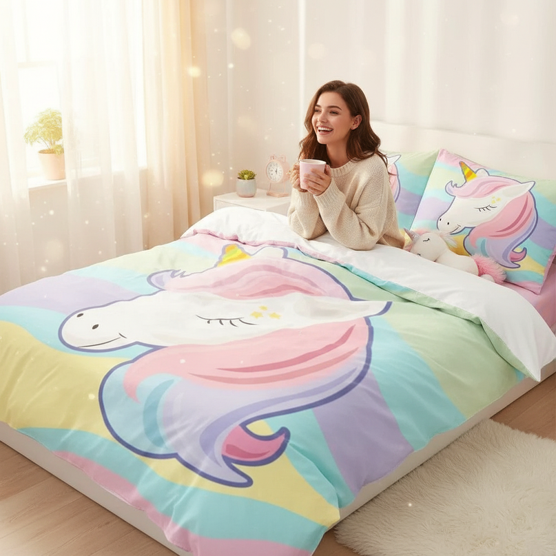 pastel wave kawaii unicorn bedding - in-use