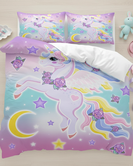 pastel winged rose unicorn bedding - flat-lay
