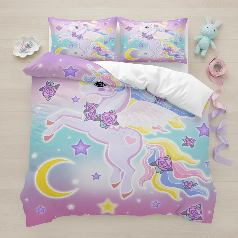 pastel winged rose unicorn bedding - flat-lay