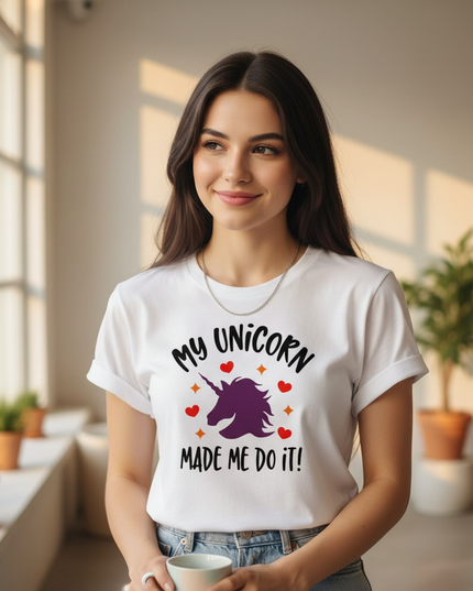 peach unicorn shirt - in-use