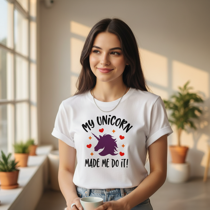 peach unicorn shirt - in-use