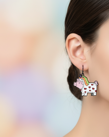 pig unicorn earrings - in-use