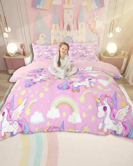 pink allover pegasus unicorn bedding - in-use