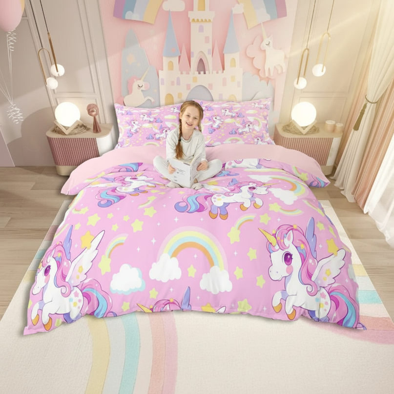 pink allover pegasus unicorn bedding - in-use