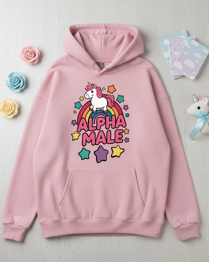 pink alpha male unicorn hoodie - flat-lay