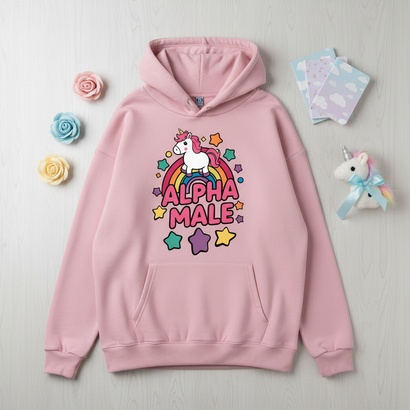 pink alpha male unicorn hoodie - flat-lay