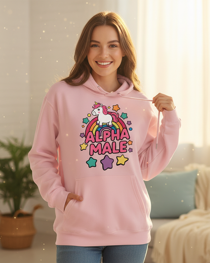 pink alpha male unicorn hoodie - in-use