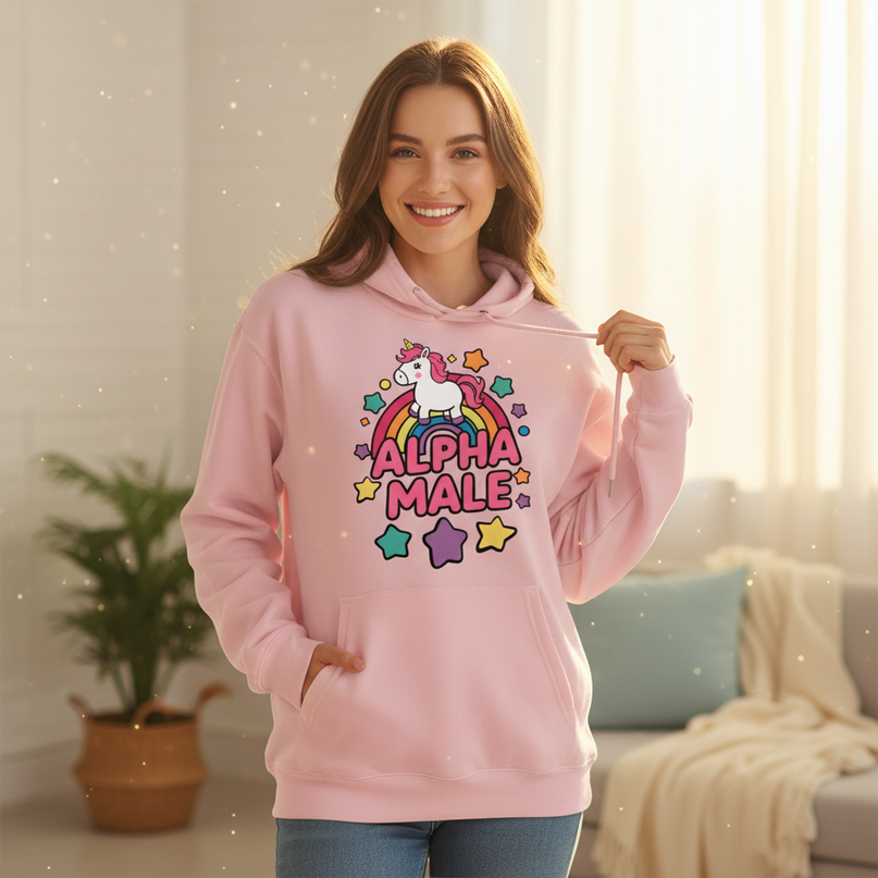 pink alpha male unicorn hoodie - in-use