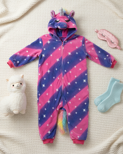pink and purple unicorn onesie - flat-lay