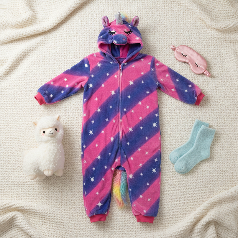 pink and purple unicorn onesie - flat-lay