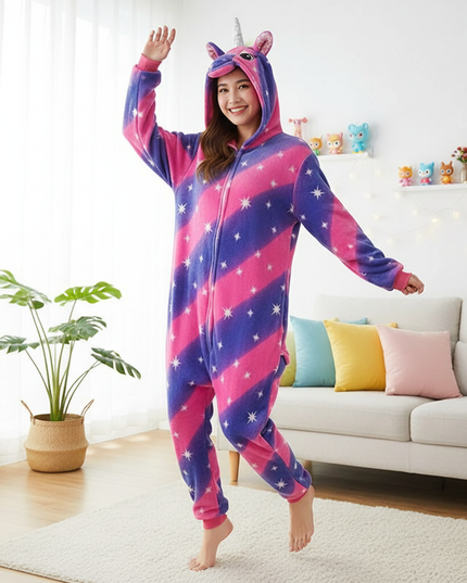 pink and purple unicorn onesie - in-use