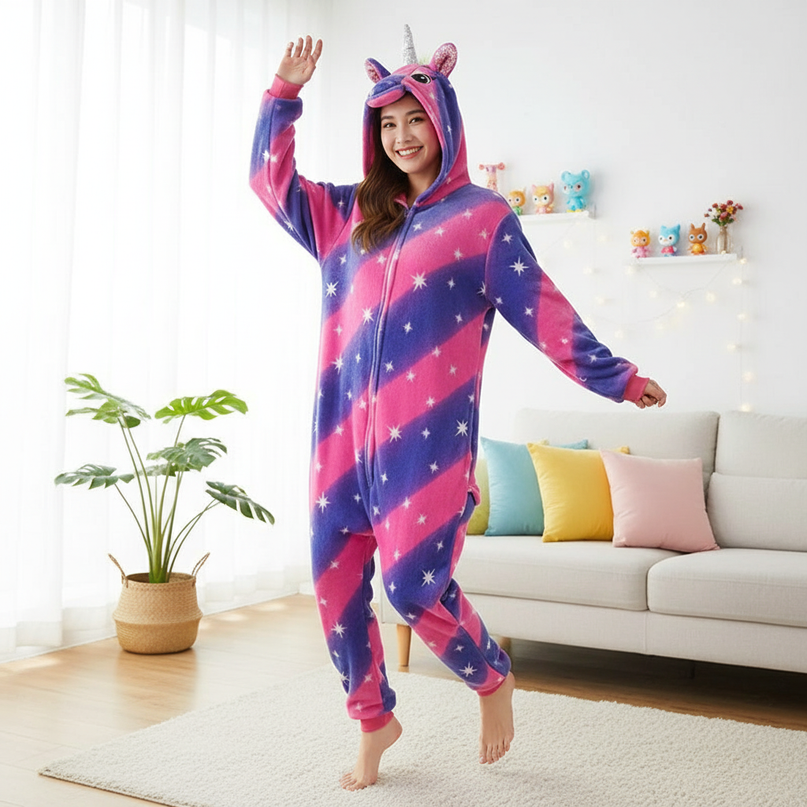 pink and purple unicorn onesie - in-use