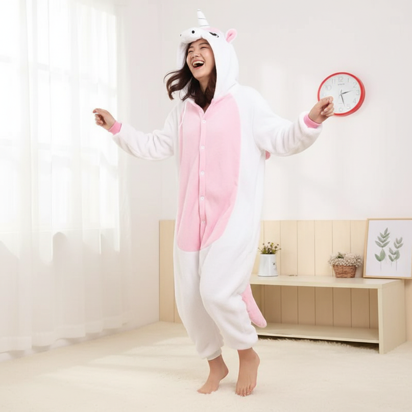 pink and white unicorn onesie - in-use