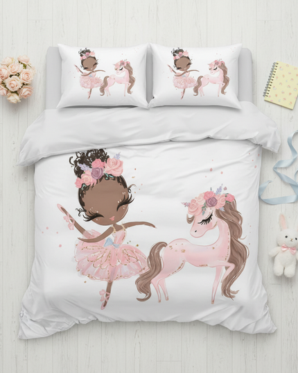 pink ballerina girl unicorn bedding - flat-lay