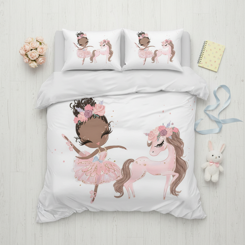 pink ballerina girl unicorn bedding - flat-lay