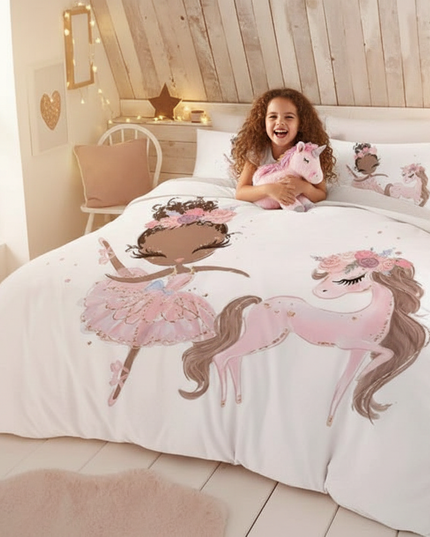 pink ballerina girl unicorn bedding - in-use