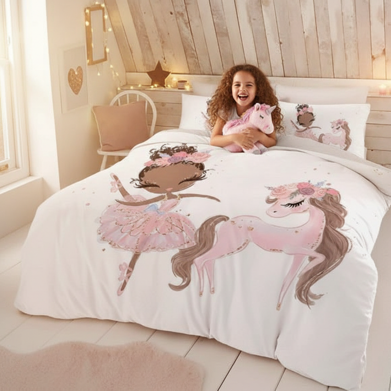 pink ballerina girl unicorn bedding - in-use