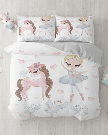 pink ballerina swan unicorn bedding - flat-lay