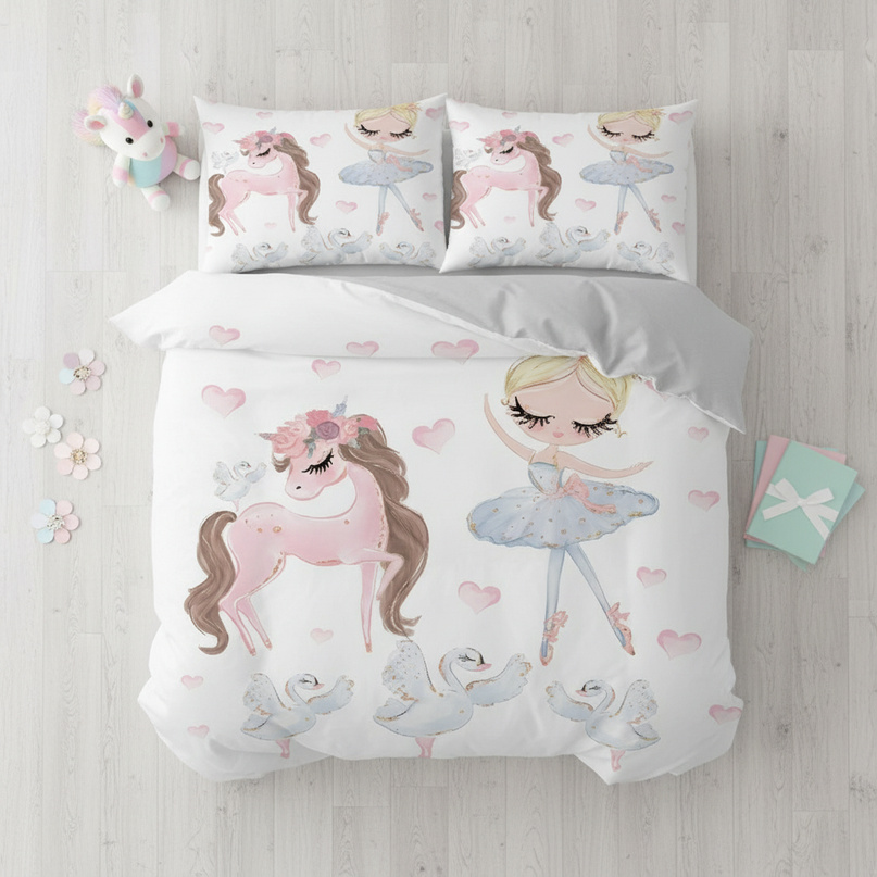 pink ballerina swan unicorn bedding - flat-lay