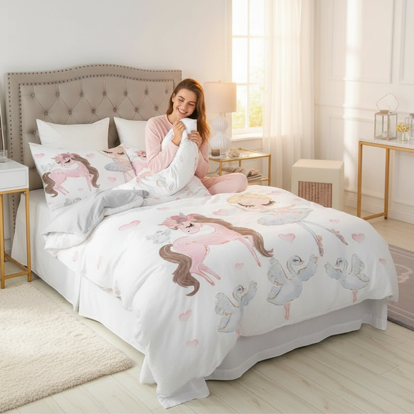 pink ballerina swan unicorn bedding - in-use