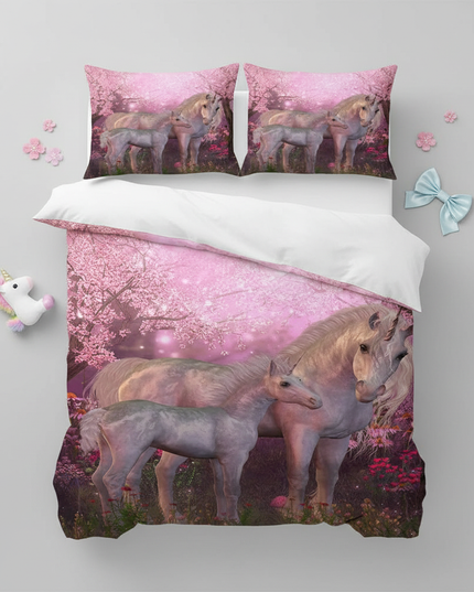 pink blossom unicorn bedding - flat-lay