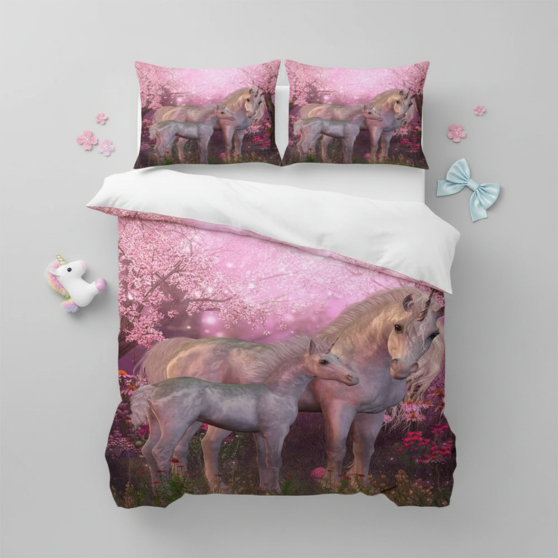 pink blossom unicorn bedding - flat-lay