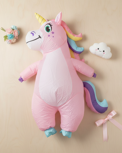 pink blow up unicorn full body costume - flat-lay