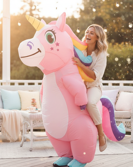 pink blow up unicorn full body costume - in-use