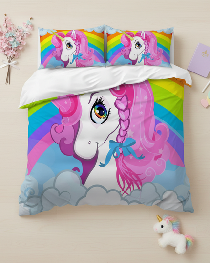 pink braided mane unicorn bedding - flat-lay