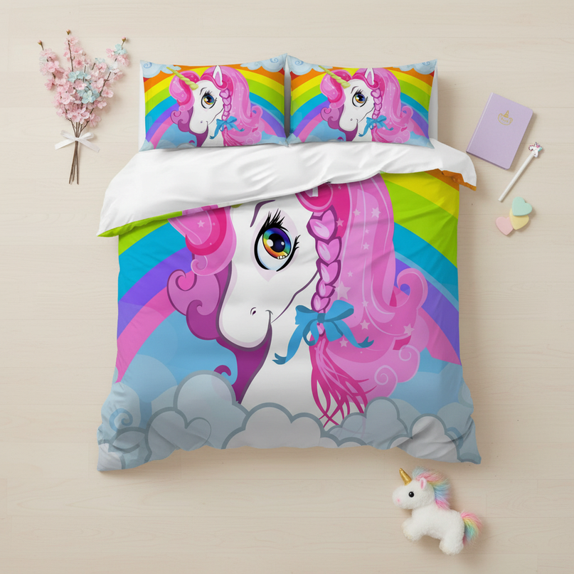 pink braided mane unicorn bedding - flat-lay