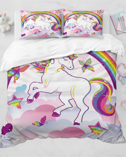 pink butterfly rearing unicorn bedding - flat-lay