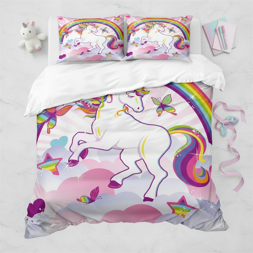 pink butterfly rearing unicorn bedding - flat-lay