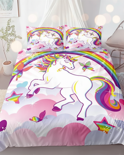 pink butterfly rearing unicorn bedding - lifestyle