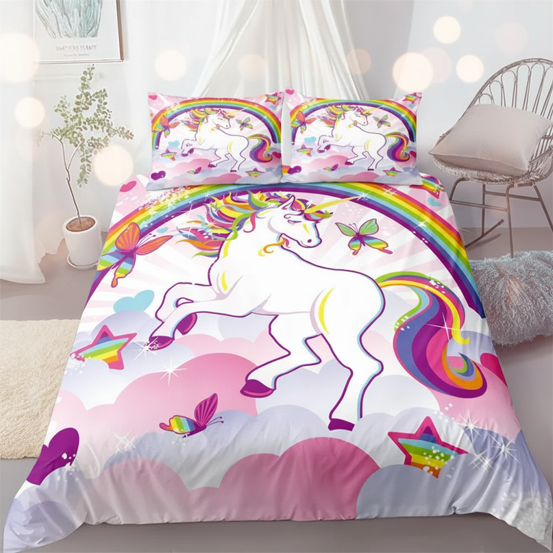 pink butterfly rearing unicorn bedding - lifestyle