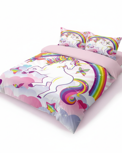 pink butterfly rearing unicorn bedding - white-bg