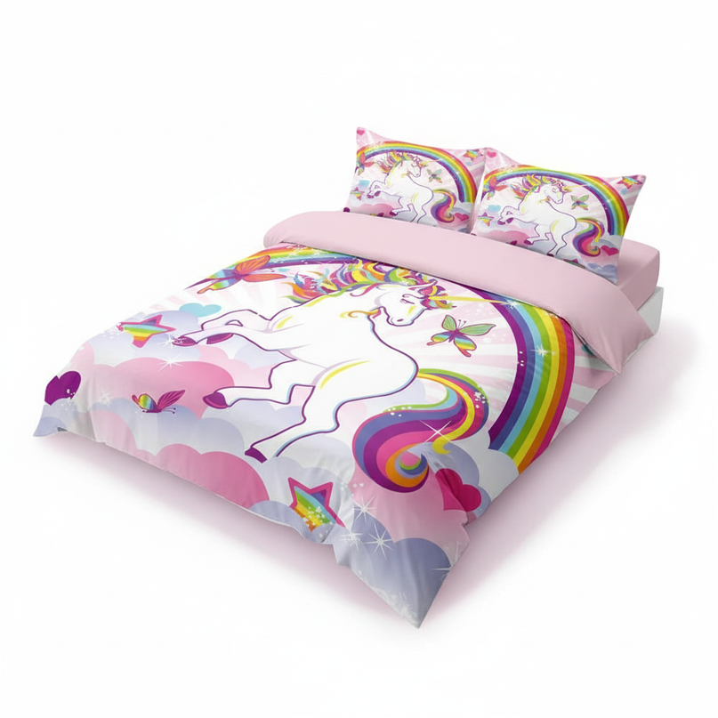 pink butterfly rearing unicorn bedding - white-bg