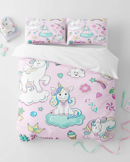 pink candy dreams unicorn bedding - flat-lay