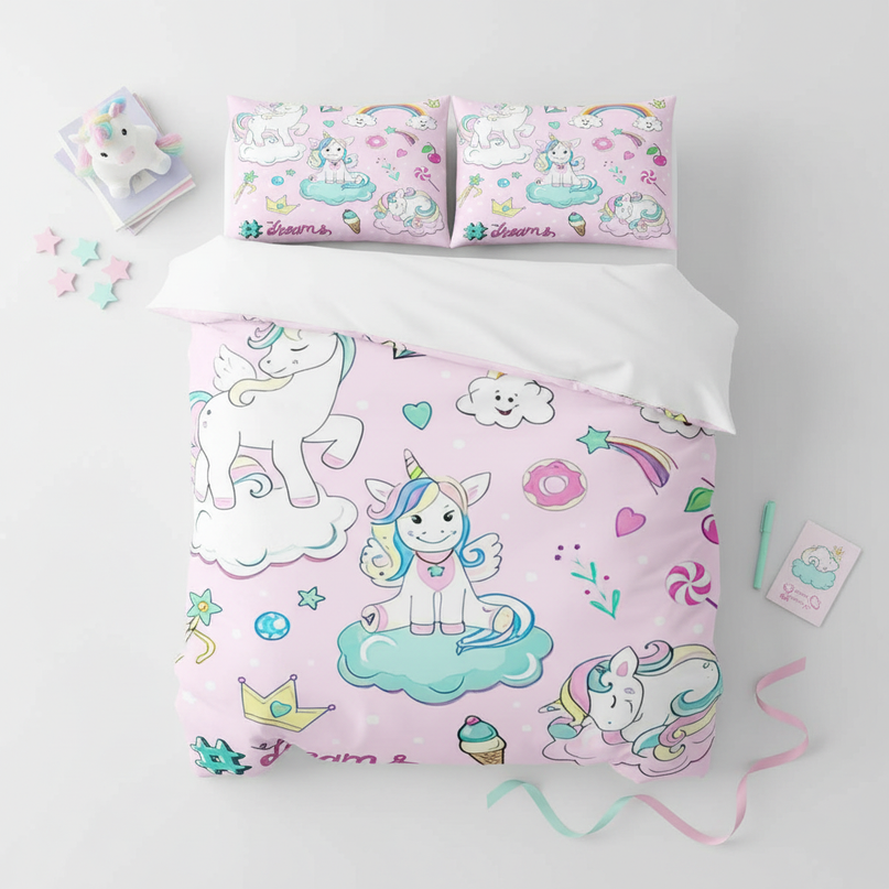 pink candy dreams unicorn bedding - flat-lay
