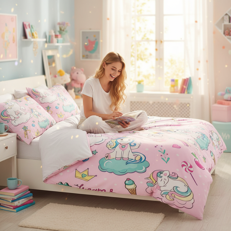 pink candy dreams unicorn bedding - in-use