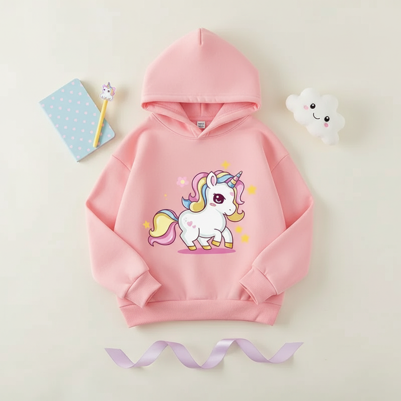 pink cartoon unicorn hoodie - flat-lay
