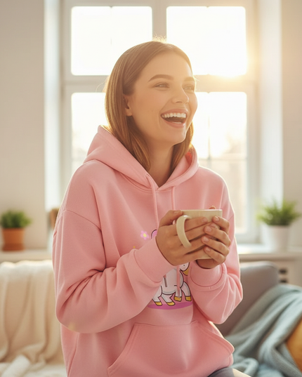 pink cartoon unicorn hoodie - in-use